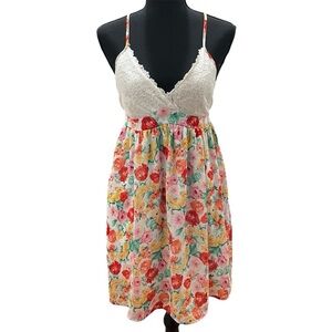 Papaya M Floral Babydoll Lace Empire Waist Romantic Cottagecore Boho Mini Dress